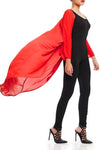 Model wearing long crimson red kimono facing sideways